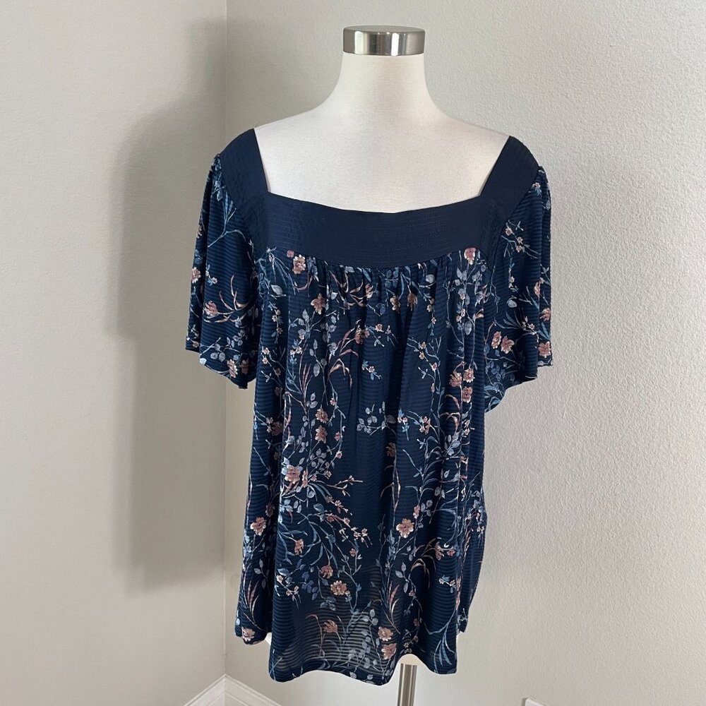 NEW Lucky Brand Womens Plus 3X Floral Square Neck Top Navy Blue Boho Blouse